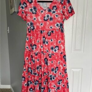 Berydress Elegant Floral Red and Blue Midi Dress